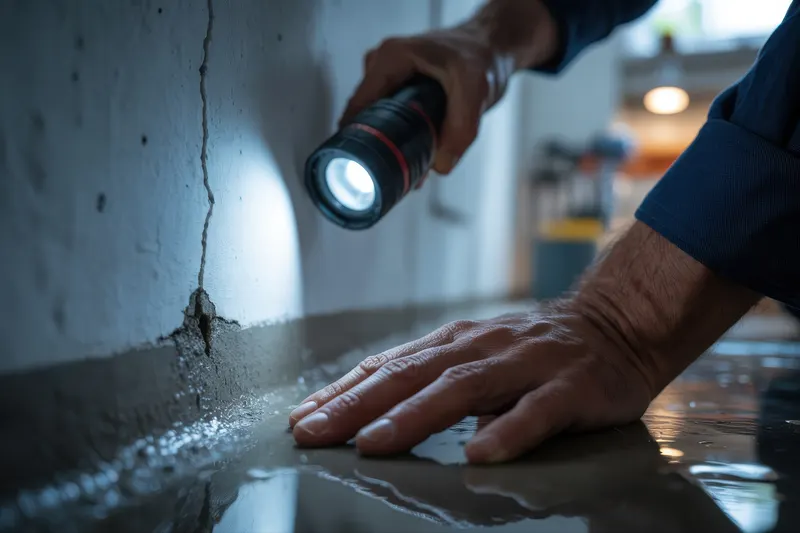 En spricka i källargolvet lyses upp med ficklampa, en vanlig väg in för markradon